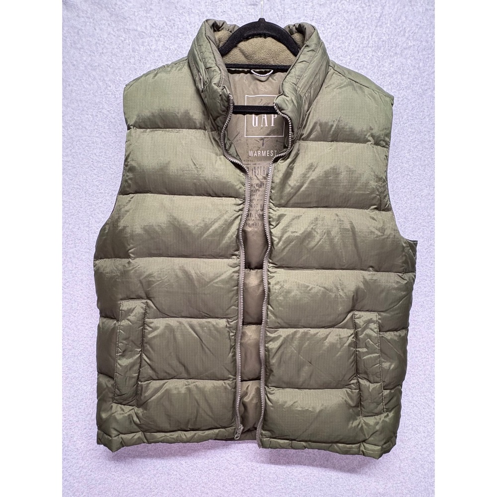 GAP Warmest Puffer Vest Mens Large Olive Green Down Filled Ripstop Full Zip